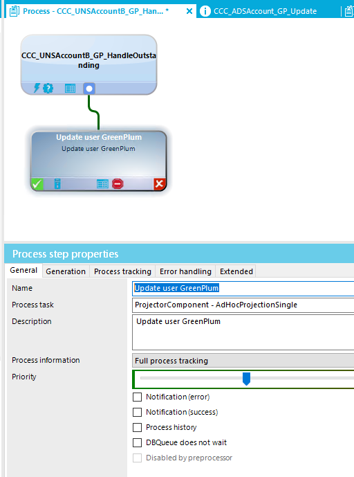 Process - • CCC UNSAccountB GP Handleou nding Update user GreenPIum Update Process step properties General Generation Process tracking Error handling Extended Name Process task Description Process information Prioritj Ll dat± ProjectorComponent - AdHocProjectionSingIe Update user GreenPIum Full process tracking Notification (error) Notification (success) Process history D&Queue does not wait Disabled by preprocessor 